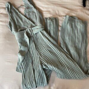 High Tea Pleated Wide Leg Belted Jumpsuit